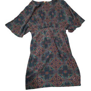 Nieves Lavi Vintage 100% silk‎ dress green red pattern size 2